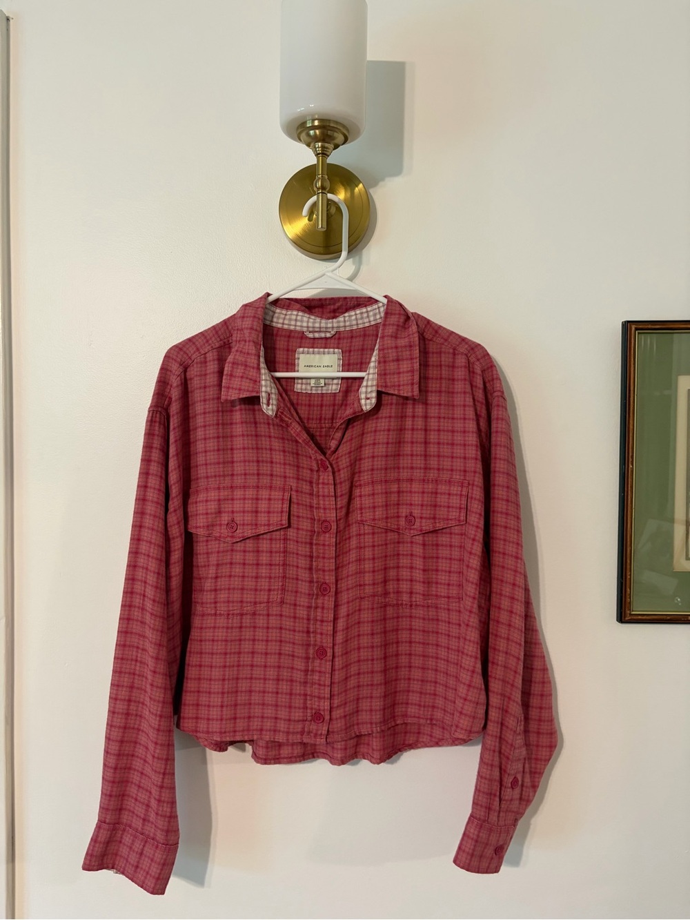 American Eagle Outfitters Pink/Red Plaid Flannel Button-Up Shirt
